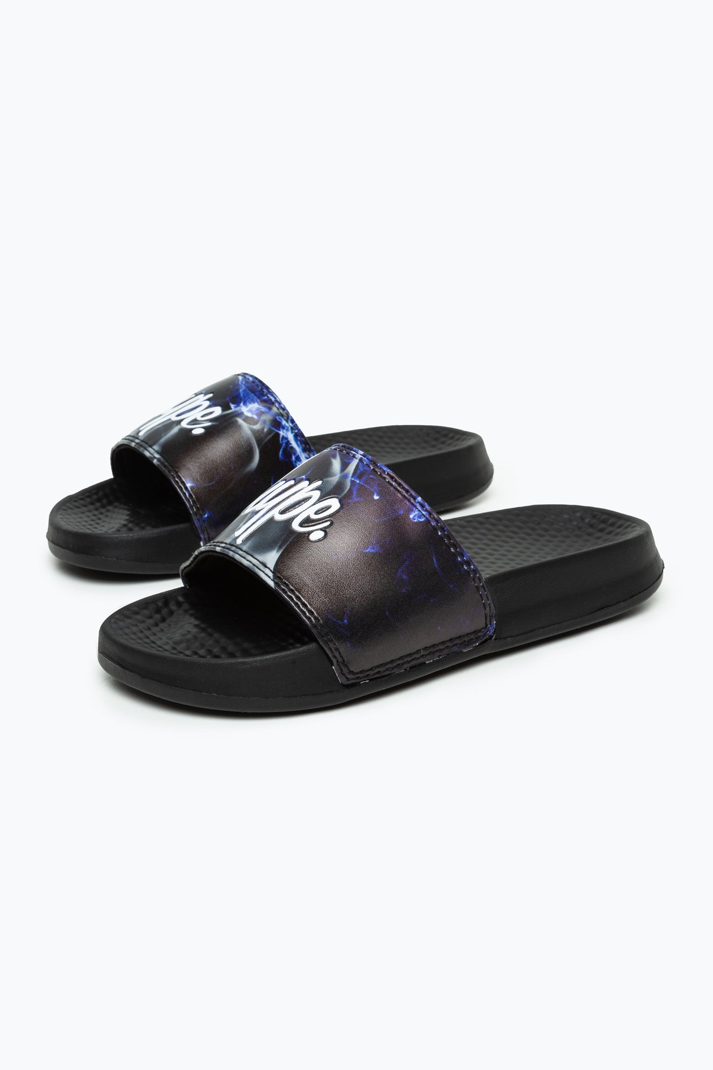 Hype Kids Unisex Black Blue Flame Script Sliders