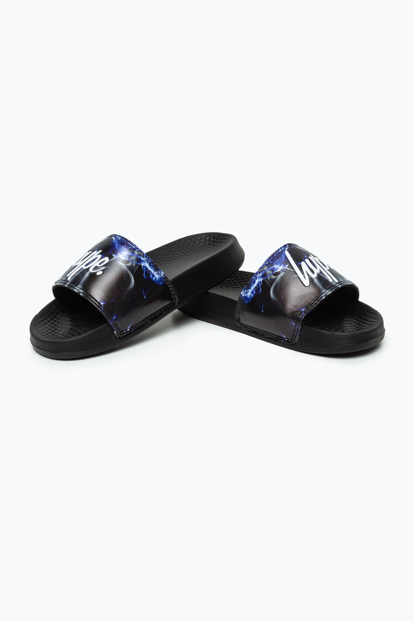 Hype Kids Unisex Black Blue Flame Script Sliders