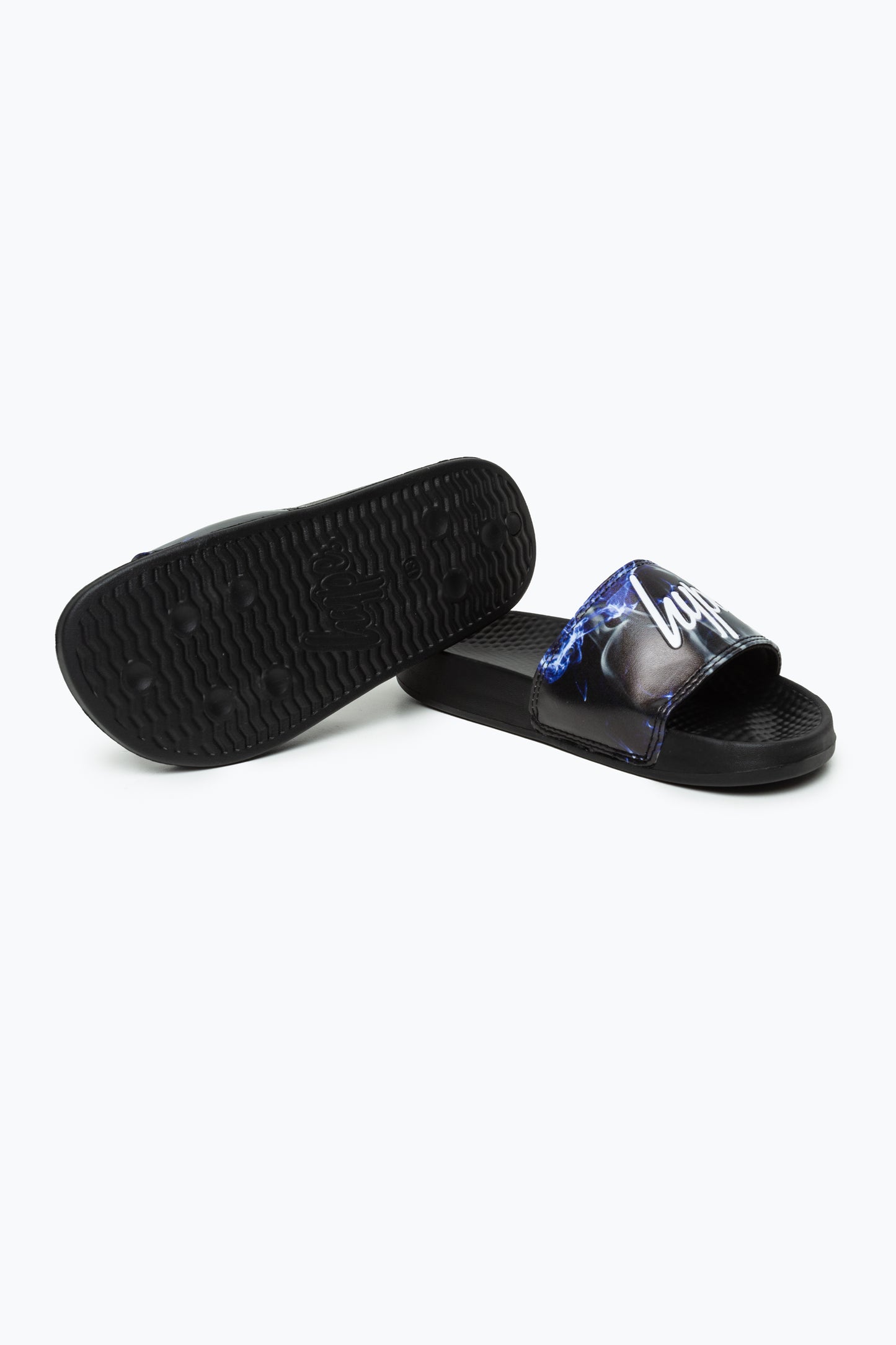 Hype Kids Unisex Black Blue Flame Script Sliders