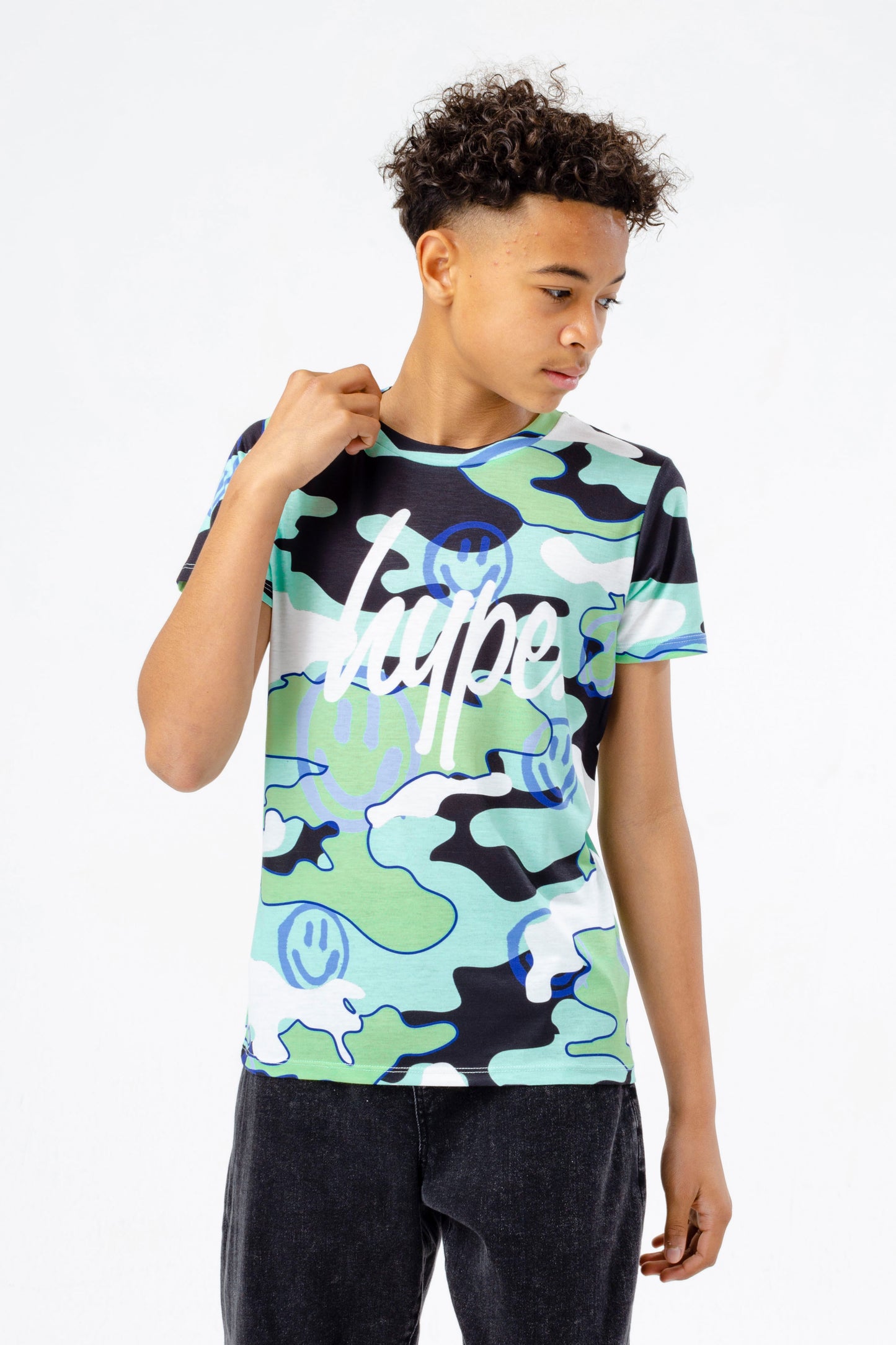 Hype Boys Blue Smiley Camo Script T-Shirt