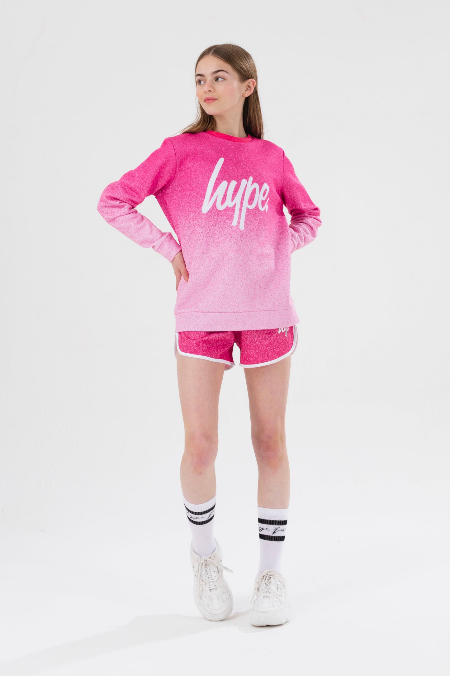 Hype Girls Pink Speckle Fade Script Crew Neck