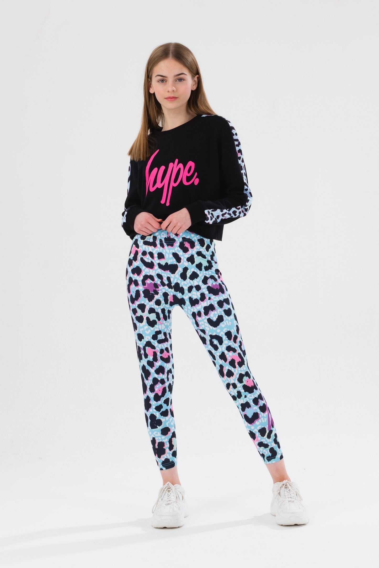 Hype Girls Blue Ice Leopard Script Crop Crew Neck