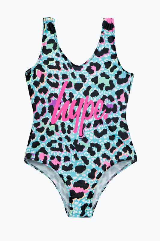 Hype Girls Blue Ice Leopard Script Swimsuit