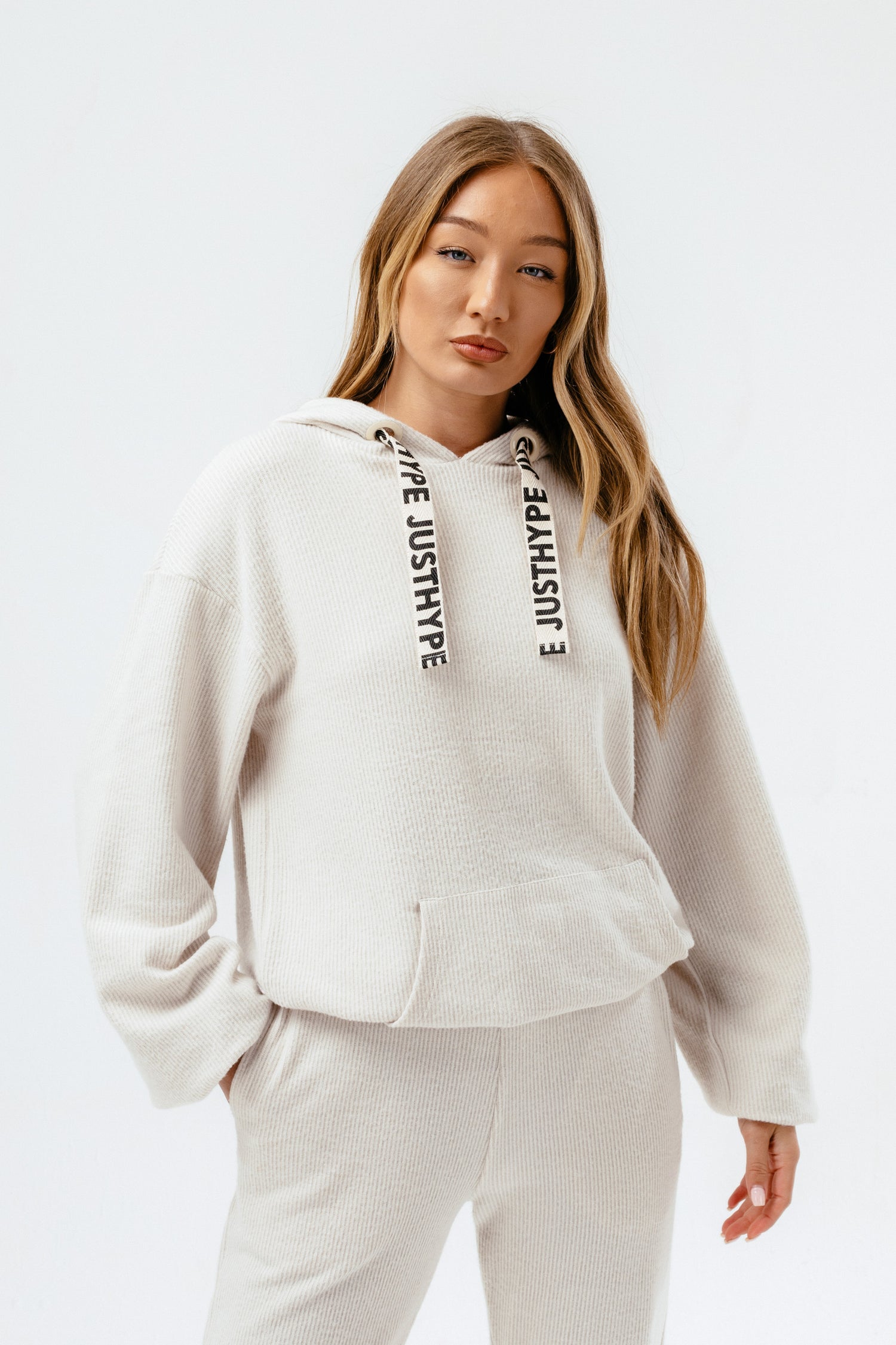 HYPE WOMENS STONE KNITTED DRAWSTRING HOODIE