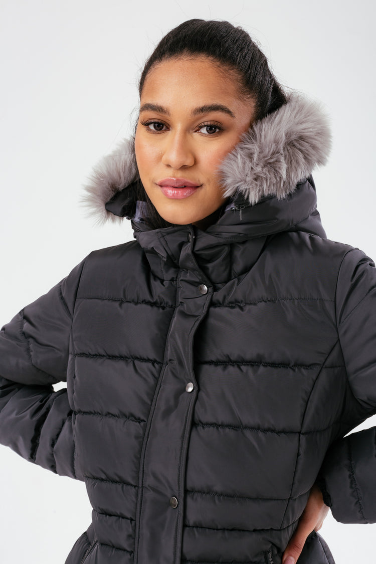 HYPE WOMENS CHARCOAL SCRIBBLE LABEL FITTED PUFFER JACKET